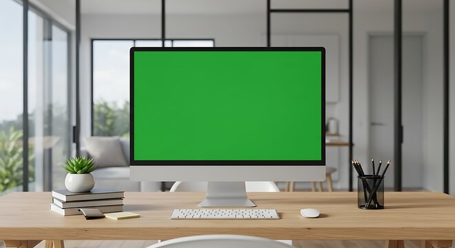 desk work in a quiet workspace. on the screen shows a green screen that can be used as a mock up 13 - Powered by Adobe