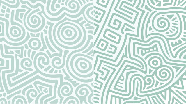 Abstract light teal background with geometric and spiral patterns on two distinct sections design
