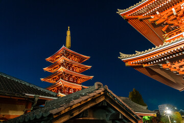The famous Senso-ji Temple in Tokyo illuminated at night. Japan.