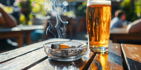 Close-up of a burning cigarette in an ashtray and a cold beer beside it on a sunny outdoor table - smoking and drinking concept
