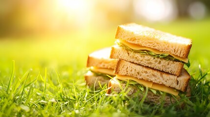 Freshly Made Sandwiches on Grass in Warm Natural Light