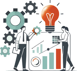 Business team analyzing data with lightbulb illustration representing innovative ideas