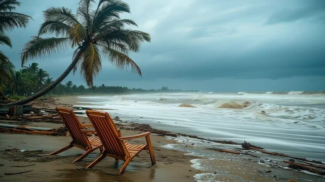 Destroyed beach in Goa, India after tropical storm, with broken palm trees, scattered debris, and flooded coastline &mdash; ideal for natural disaster and climate crisis visuals.