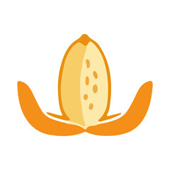 Illustration of a peeled orange, showing the exposed fruit and the curling peel, isolated on a white background.