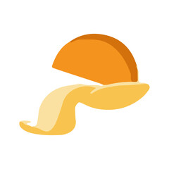 A stylized hand gently cradles a flowing, orange, semi-circular element.