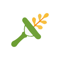 Green tool with a wheat-like sprig, simple agricultural icon.