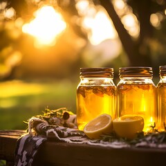 Homemade Herbal Tea in Glass Jars Surrounded by Nature's Glow