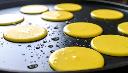 Round, yellow pancakes cooking on a griddle