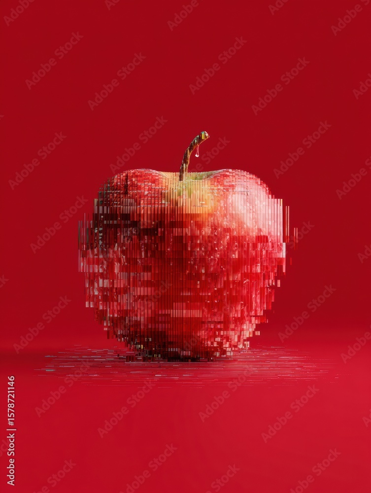 Fototapete creative red apple with pixel glitch effect on a vibrant red backdrop featuring ample text space