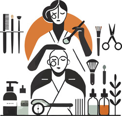 Stylized illustration of a makeup artist applying makeup to a client with tools around