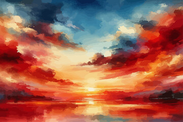 Vibrant sunset painting red and orange clouds reflecting on surface below, painterly sky warm cool colors brushstrokes textured.