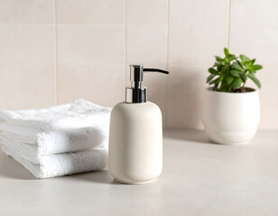 Aesthetic bathroom scene with a matte soap dispenser on a stone counter, styled with folded towels and greenery. Perfect for personal care branding, editorial, or packaging mockups.