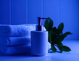 Aesthetic bathroom scene with a matte soap dispenser on a stone counter, styled with folded towels and greenery. Perfect for personal care branding, editorial, or packaging mockups.
