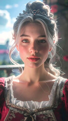 A stunning fantasy princess stands gracefully on a castle balcony at sunset, overlooking her magical kingdom. Ideal for book covers, fantasy art, and storytelling visuals.