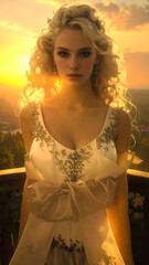 A stunning fantasy princess stands gracefully on a castle balcony at sunset, overlooking her magical kingdom. Ideal for book covers, fantasy art, and storytelling visuals.