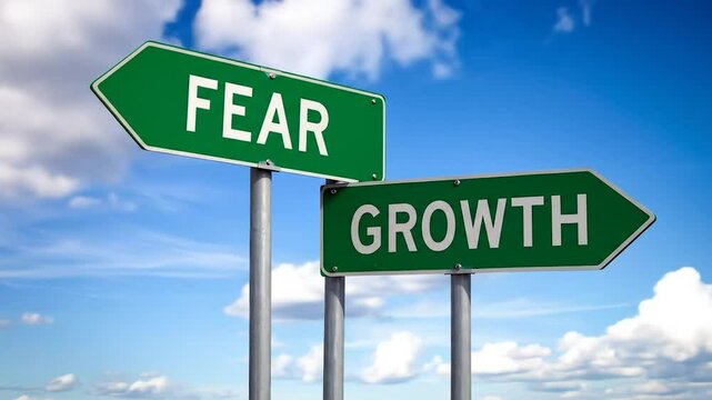 Two green road signs, one labeled "FEAR" and other "GROWTH", point to opposing directions against a blue sky with clouds