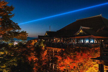 Scenic sight in Kiyomizu-dera Temple illuminated at night during fall season. Kyoto, Japan.