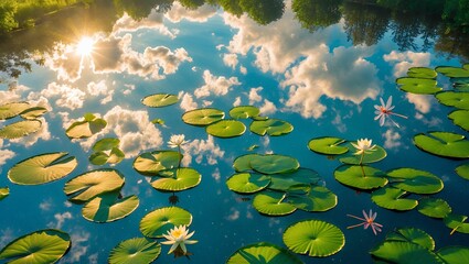 Water Lilies Floating in a Pond with Reflections of Sky