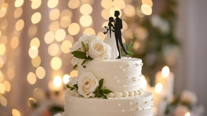 Two-tiered wedding cake with roses and a couple topper against bokeh lights - Powered by Adobe