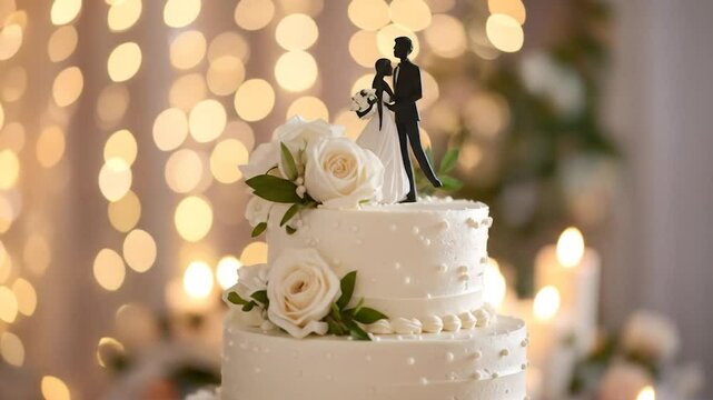 Two-tiered wedding cake with roses and a couple topper against bokeh lights - Powered by Adobe