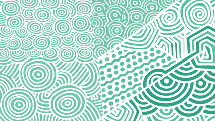 Abstract background with circles spirals dots and geometric shapes in shades of green and white color