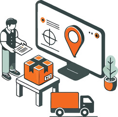 Isometric illustration of logistics delivery process involving package tracking and location mapping