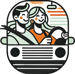 Happy couple driving together in a car during a road trip adventure illustration.
