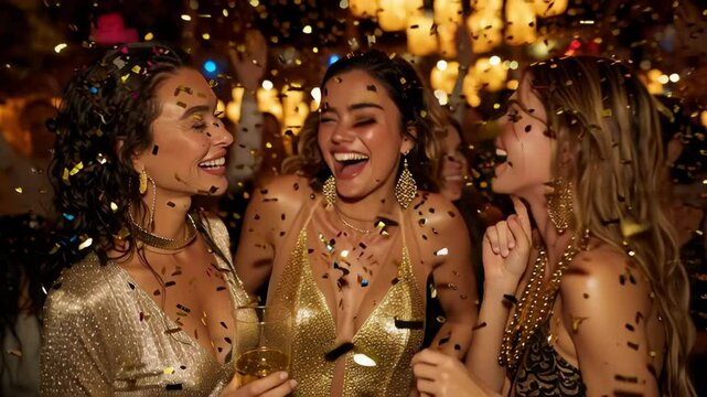 Three glamorous women celebrating at party with gold dresses and confetti, perfect for New Year’s Eve, holiday nightlife, fashion event promotions, and luxury celebration visuals. 4K, motion - Powered by Adobe