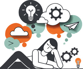 Woman dreams of ideas innovation and processes represented by colorful thought bubbles