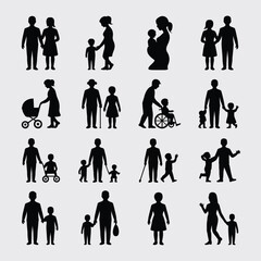 Collection of Black Silhouettes Depicting Diverse Family Units Including Parents Children Infants Toddlers and Elderly Individuals with and without Disabilities Utilizing