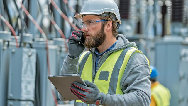 Industrial worker in reflective vest and helmet managing energy systems with tablet and phone &mdash; great for utility operations, engineering workforce, and smart grid infrastructure visuals.