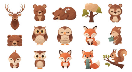 Cute cartoon animals, including deer, bears, owls, foxes, and squirrels, in a woodland theme.