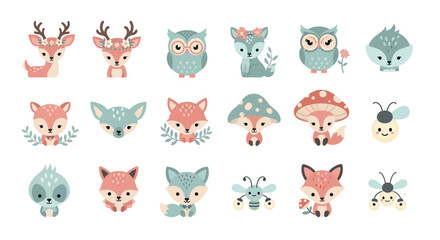Obraz premium A collection of adorable cartoon woodland animals and insects in a flat, illustrative style.