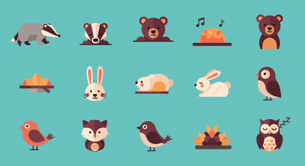 Cute woodland creatures and autumnal elements illustrated in a flat design style.