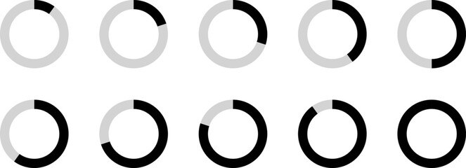 Percentage circle set. Progress or loading percentage infographic icons containing 0% to 100% with 10% increase. Vector design element for app, UI, website and animation design element.