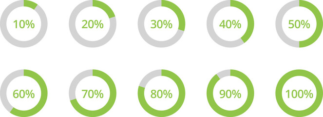 Percentage circle set. Progress or loading percentage infographic icons containing 0% to 100% with 10% increase. Vector design element for app, UI, website and animation design element.