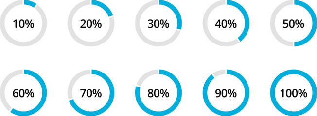 Percentage circle set. Progress or loading percentage infographic icons containing 0% to 100% with 10% increase. Vector design element for app, UI, website and animation design element.