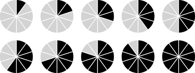 Percentage circle set. Progress or loading percentage infographic icons containing 0% to 100% with 10% increase. Vector design element for app, UI, website and animation design element.