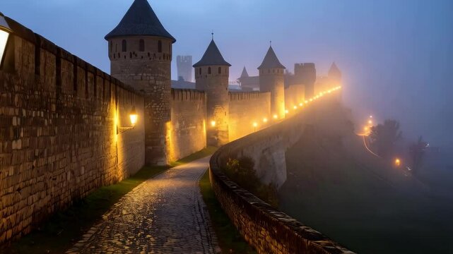 Illuminated stone medieval walled fortress with conical towers and cobblestone walkway shrouded in mysterious fog at twilight.