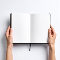 Person holding open blank notebook with black cover and ribbon bookmark white background, symbolizing mental health and reflection, calm