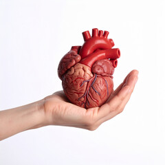 Realistic model of human heart held person hand, symbolizing health and medical care, emphasizing importance of mental health and physical health