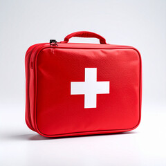 Red medical kit with white cross symbol front, designed for emergency health supplies, is shown against plain background. kit is portable