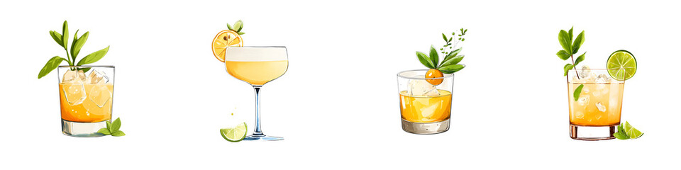 Watercolor Cocktail Collection with Orange and Lime Garnishes