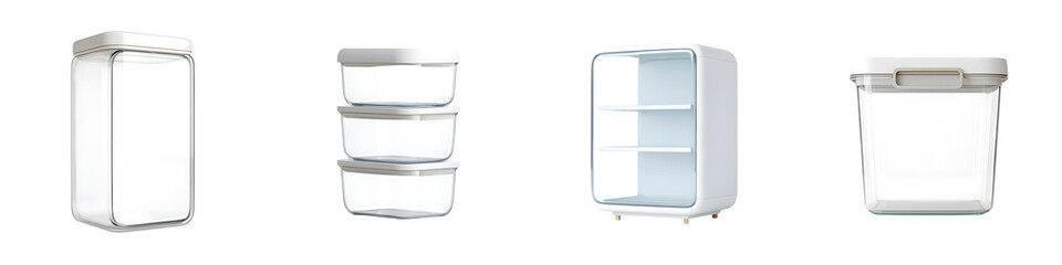 Assortment of kitchen storage containers and display cabinet on white background, clean kitchen...