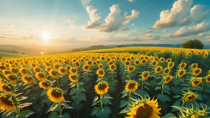 Fototapeta premium Sunflower Field Blooms Under a Bright Sky with Setting Sun