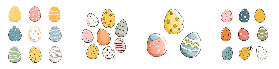 Pastel Colored Easter Egg Assortment with Unique Patterns and Designs Hand-Drawn on White Background for Celebration and Holiday Decoration, Vector