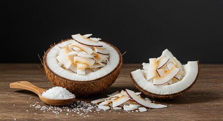 Still life of coconut halves and shredded coconut on a wooden table against a dark background