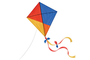 Vibrant kite soaring skyward, sporting bold red, blue, yellow panels, symbolizing boundless happiness against clear backdrop