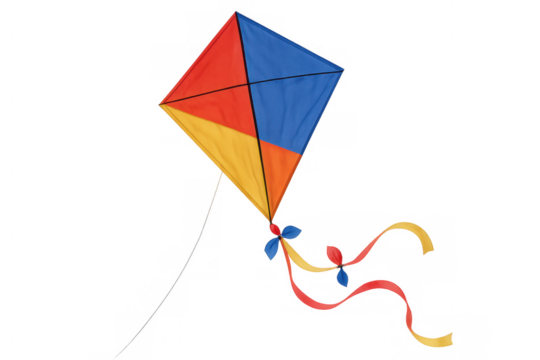 Vibrant kite soaring skyward, sporting bold red, blue, yellow panels, symbolizing boundless happiness against clear backdrop - Powered by Adobe