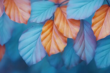Vibrant leaves in shades of blue and orange create an enchanting atmosphere